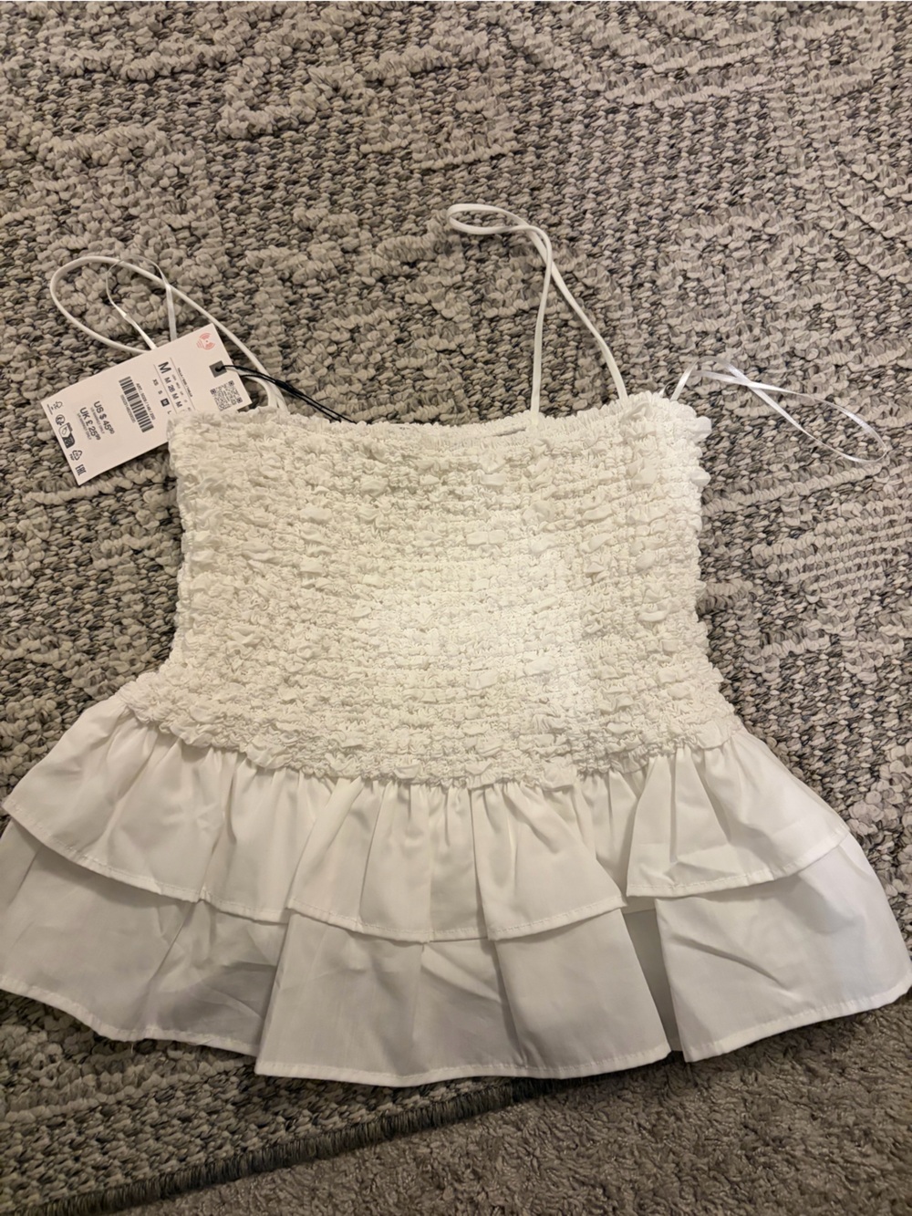 Zara White Smocked Ruffle Cami Top